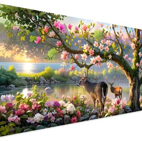 pchmcu 5D Large Diamond Art Painting,Elk Diamond Art Kits for Adults,DIY Full Drill Crystal Rhinestone Arts and Crafts,Landscape Flowers Art Painting with Diamond Home Wall Decor 27.5 X 15.7inch