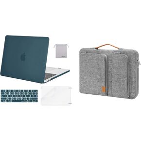 MOSISO Compatible with MacBook Pro 13 inch Case 2023-2016 M2 M1, Plastic Hard Shell&360 Protective Bag with 2 Accessory Pockets&Handle&Belt&Keyboard Cover&Screen Protector&Storage Bag, Deep Teal&Gray