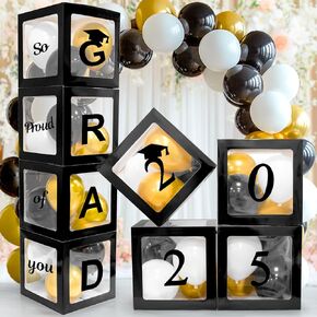 Graduation Party Decorations 2025 - Class of 2025, Black Balloon Boxes with Letters 2025 GRAD So Proud of You and White,black and gold balloons,for elementary, high school and college