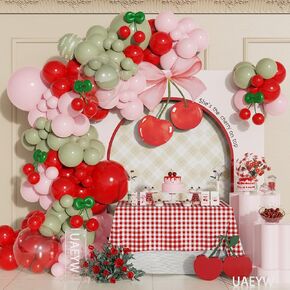 147Pcs Cherry Balloon Garland Arch Kit, Red Pink Cream White Balloons with Pink Bow DIY Cherry Balloons for Girls Cherry Birthday Cherry on Top Berry First Summer Fruit Party Baby Shower Decorations