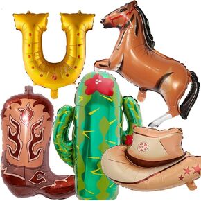 Western-Balloons Cowboy-Balloon 5PCS Horse Horseshoe Boot Cowboy Hat Cactus Foil Balloons Western Birthday Party Rodeo Bachelorette Decoration Supply