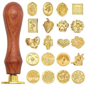 21Pcs Vintage Wax Seal Stamp Kit with Wooden Handle,20 Unique Patterns (Butterfly, Rose, Tree of Life Ect),Custom Wax Stamps for Wedding Invitations, Envelopes, Gifts Crafts