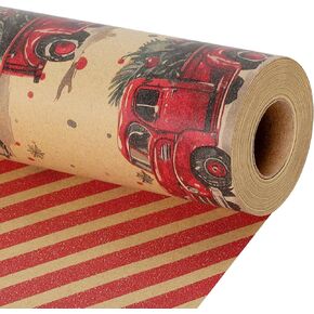 BIOBROWN Reversible Christmas Wrapping Paper - 17 Inch X 33 Feet (46.7 sq. ft. ttl.) - Red Tartan Plaid and HOHO Design Perfect for Xmas, Party, Holiday Gift Wrap