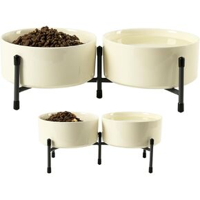 6 Inch Elevated Dog Bowl with Adjustable Metal Stand, 32 OZ Raised Ceramic Dog Bowls Set for Food and Water Bowl, Double Pet Feeding Dishes for Small and Medium Breed Dogs, White, Set of 2