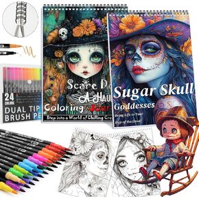 Adult Coloring Books for Women Relaxation, Stress Relief Coloring Book with 24 Dual Tip Markers, Spiral Coloring Book with 48 Patterns Include Scare Doll & Sugar Skull, Relaxing Gift for Women(2 Pack)