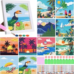 Zhanmai 10 Pcs Summer Diamond Art Kits Paint for Adults Beginners 5d Hawaii Beach Vacation Sea Sunset Gem DIY Square Drill Paint Gifts for Home Wall Party Tropical Decoration, 6 x 6 Inch