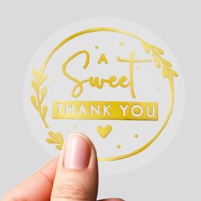 A Sweet Thank You Stickers, 100 PCS 1.6 in Gold Thank You Label Sticker, 3D Gold Embossing Printing Matte, Ideal for Party Favor, Envelope Seal, Packaging, Small Business