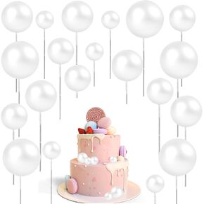 20 Pcs White Ball Cake Toppers Mini Balloons Cake Topper Sticks White Cakes Balls Decorations Foam Balls for Cakes Decorating Picks Insert Topper for Wedding Birthday Decoration Supplies
