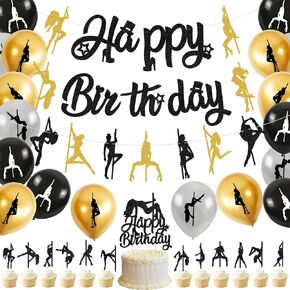 Black Gold Pole Dancer Birthday Party Decorations, Glitter Pole Dance Happy Birthday Banner for Bachelorette Bridal Shower Supplies