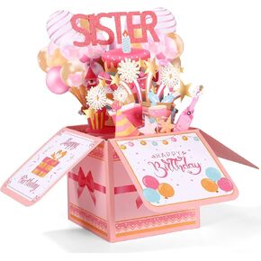 Funny Happy Birthday Sister Pop Up Card, 3D Birthday Card with Envelope Unique Gift for Women Party Decoration Keepsake