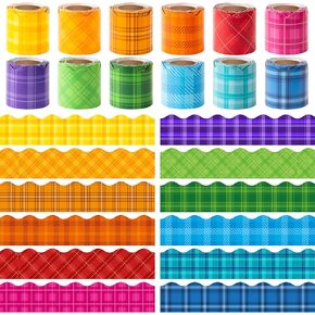 BeYumi Colorful Plaid Border Trim - 12 Rolls 468ft Back to School Colorful Plaid Scalloped Rolled Border Trim Rainbow Color Bulletin Board Borders Set Classroom Office Chalkboard Home Party Decoration