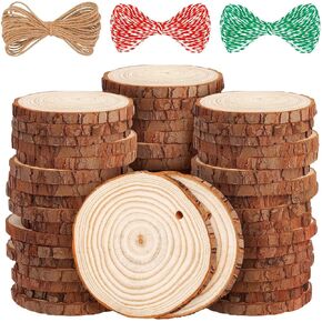 54Pcs Wood Slices, LOOFORE 2.4"-2.8" Unfinished Natural Wood Rounds with Pre-drilled Hole, for Burning Painting DIY Crafts Christmas Ornaments Party Wedding Decor