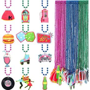 Ecally 48 Pack 50s Party Beaded Necklaces Bulk 1950s Rock and Roll Necklaces Blue Green and Rose Red Beaded Necklace for 50s 60s Theme Party Favor Carnival Birthday Mardi Gras Party Supplies,12 Styles