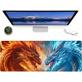 Fire and Ice Dragon Gaming Mouse Pad – 12x31.5in Non-Slip Rubber Desk Mat with Dual Dragosn Battle Flames Frost Design – Large Extended Mousepad for Office Home Laptop,Game Deskmat Gifts Decor