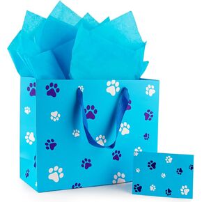 FUNCANDLE 13" Blue Dog Paw Print Gift Bags with Cards Tissue Paper, Blue White Dog Wrapping Paper Dog Themed Party Decoration for Girl Boy Kids Christmas Pet Birthday Gift Party Supplies