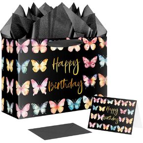 JWSCYSY 12.6" Beautiful Butterfly Happy Birthday Gift Bag with Tissue Paper and Card for Women Girls (Black Gold)