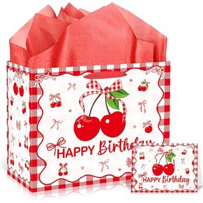 EoBeCy Coquette Bow Cherry Birthday Gift Bag with Handle, Tissue Paper and Card, Fruit Themed Wrapping Paper for Girls Kids Teens Women Birthday Party Favors
