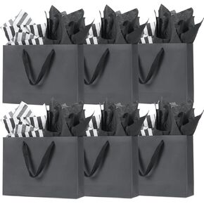 6 Pack 12'' Black Gift Bags with Tissue Paper Medium Gift Bags with Ribbon Handles for Shopping Small Business Bridal Party Wedding and Christmas