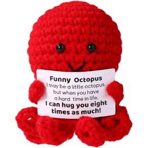 Positive Crochet Octopus, Funny Crochet Animals Emotional Inspirational Plush Positive Support Knitted Doll Octopus Perfect Cheer Up Gifts and Decorations for Home Office Party Favors(Red)