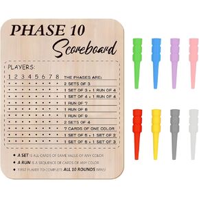 Bnesi Wooden Phase 10 Card Game Score Board Funny Score Board 2025 New Wooden Phase 10 Scoreboard with 8 Colored Pegs Classic Wood Score Board Fun Scoreboard for Family Party