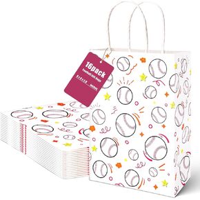 Shindel 16 Pack Baseball Goodie Bags, 5.5" x 2.8" x 8" Baseball Gift Bags with Handles for Kids Sports Theme Birthday Party Supplies