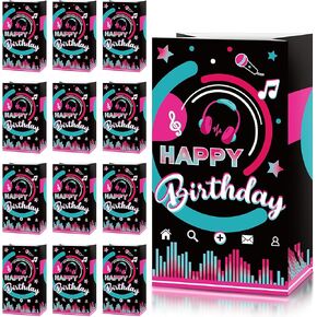 Sumind 24 Pieces Music Party Kraft Paper Gift Bags, Karaoke Party Favors, Happy Birthday Candy Goodie Bags Bulk for Social Media Theme Birthday, Rock and Roll Music Bag for Kids 8.3 x 4.7 x 3.1 Inch
