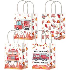 Fire Truck Theme Gift Treat Bags with Handles 12Pcs Firetruck Party Paper Tote Bags for Fireman Firefighter Theme Birthday Party Baby Shower Supplies