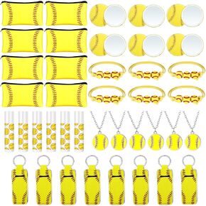72 Pcs Softball Team Gifts for Teen Girls with Bulk 12 Softball Makeup Bags Lip Balm 12 Lipstick Holder Keychains Necklaces Mirrors Adjustable Bracelets for Women Sports Lovers Party Favors