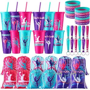 Nuogo 48 PCS Gymnastics Party Favors ، وتشمل 12 كوب جمباز من البلاستيك مع الأغطية والقش ، و 12 أكياس هدايا رسومات ذات طابع جمباز ، و 12 معصمًا من السيليكون و 12 سلاسل سيليكون للنساء