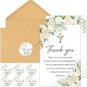 50 Pack Funeral Thank You Cards with Envelopes, 4×6 In Watercolor Flowers Sympathy Thank You Cross Bereavement Card for Funeral Memorial Family Friends Loved Ones Celebration of Life