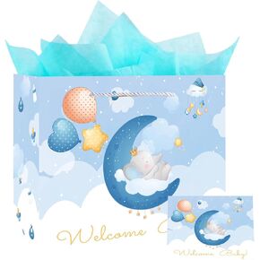 GFInYHM 13" Baby Boy Gift Bag for Baby Shower or Birthday with Handle, Tissue Paper and Greeting Card (Elephant)