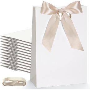 Aliceset 12 Pcs Thank You Bridesmaid Gift Bags with Die Cut Handles 10 x 7 x 3. 15'' Welcome Bags Return Gifts with Bow Ribbon for Bridal Baby Shower Birthday Wedding Housewarming(White,Champagne)