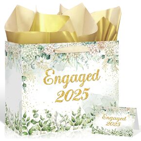 2025 Engagement Gift Bag White Gold Engaged Gift Bag with Tissue Paper and Card Engagement Wrapping Paper for Wedding Bridal Shower Bachelorette Party Decorations 2025 Gifts for Newly Engaged Couples