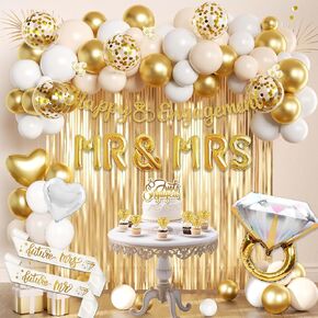 Engagement Party Decorations Set, Gold and White Balloon, MR & MRS Balloons with Foil Backdrop, Cake Toppers and Banners,Sash