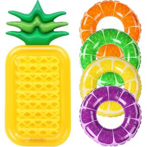 5 Pack Pool Floats Kids Fruit Inflatable Pool Floats Swim Ring Lemon Swim Tube Rings with Inflatable Surfboard for Kids Luau Hawaiian Beach Birthday Party Decoration