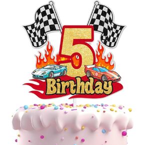 Racing Theme Cake Topper Kids 5th Birthday Happy Checkered Flag Decorations, Race Car Driver Birthday Party for Boys and Girls, Car Theme Party Decorations, Gifts for Children. (5th)