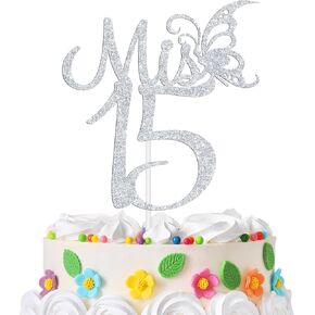 Mis 15 Cake Topper, Mis Quince 15, Feliz 15 Anos Cake Decor, for Girls Happy 15th Birthday Party Decorations Supplies Silver Glitter