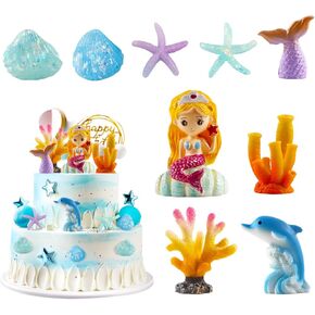 9Pcs Mermaid Cake Toppers, Mini Ocean Seashell Coral Starfish Dolphin Figures for Girl Sea Theme Birthday Baby Shower Party Favors Decorations