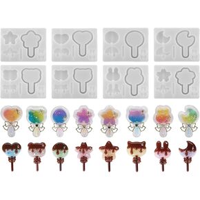 8Pcs Lollipop Resin Shaker Molds, Quicksand Casting Epoxy Resin Molds, Shaker Silicone Mold for Jewelry Pendant Keychains DIY Crafts, Heart, Star, Moon, Cat, Bear, Bunny, Cherry