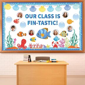 Under The Sea Bulletin Board Set Summer Ocean Classroom Decoration Fish Bubble DIY Photo Bulletin Board Sea Animals Cutouts for Back to School Classroom Chalkboard Wall Decor(Our Class is Fin-Tastic)