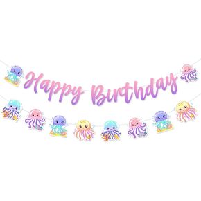 Jellyfish Birthday Party Decorations, Jellyfish Happy Birthday Banner Jellyfish Theme Garland Pre-Strung for Ocean Birthday Party Decorations Under The Sea Baby Shower Underwater Party
