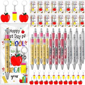 54 Pcs Back to School Student Gifts Bulk Ballpoint Pens Apple Pencil Keychains and First Day of School Greeting Cards Gift for Teacher Student Classroom Party Favors Supplies