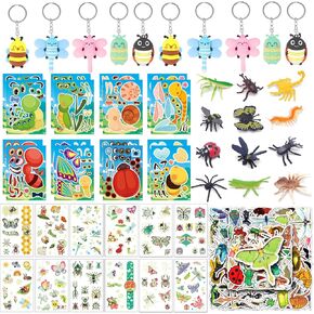 100 Pcs Insects Party Favors for Girls Boys Bugs Birthday Party Supplies with Plastic Insects Bugs Toys, Keychains, Puzzle DIY Stickers, Tattoos Stickers and Stickers for Kids Decoration Gifts