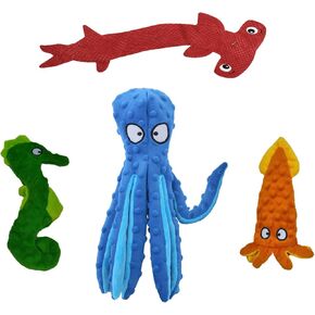 Ocean Series Dog Squeaky Toys 4-Pack Includes Octopus,Shark,Seahorse,Squid.These No-Stuffing Plush Toys are Durable and Crinkle for Extra Fun, Making Them Ideal for Teething Pets and Dogs
