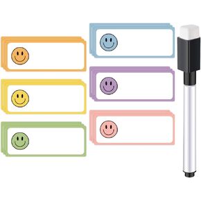 48Pcs Boho Happy Face Dry Erase Magnetic Labels Pastel Smile Face Reusable Name Tag Magnets with Erasable Pencil for DIY Whiteboard Fridge