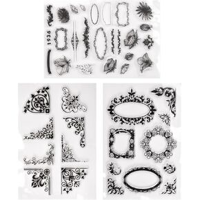 WANDIC 3pcs Silicone Vintage Stamp Set, Retro Assorted Frame Transparent Silicone Stamp Seal for Journal Scrapbook Album Decor DIY Craft Accessory