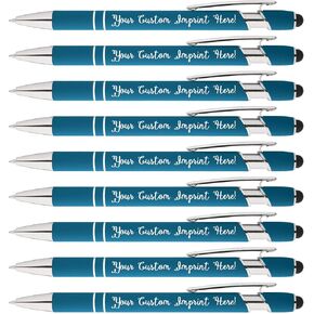 ExpressDesigns™ - Personalized Rainbow Rubberized Soft Touch Ballpoint Pen, Customized w/text and/or logo, black ink, medium point. 12 Pens (Dark Blue)