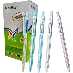 Ballpoint Pens, Blue Ink, 0.5mm Fine Point, 50 Count pack, Assorted Body Color (5 Colors, 10 each), Quick Smooth Writing, Ball point Pens (FO-057-Blue)