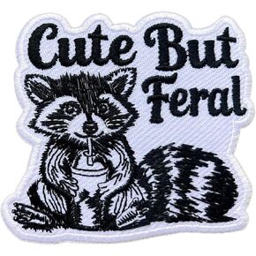Cute But Feral Raccoon 3" Iron On Patches, Sarcastic Patches for Clothes Backpacks Hats Jeans Bags, Funny Animal Embroidered Patches, DIY Sew on or Iron on Patch, Humor Gifts for Boy Girl