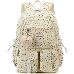 Backpack for Girls Big Student Corduroy Laptop Backpack for College Kids Elementary Middle High School Bag Anti Theft Bookbag Travel Daypack Womens(Corduroy Beige Floral)